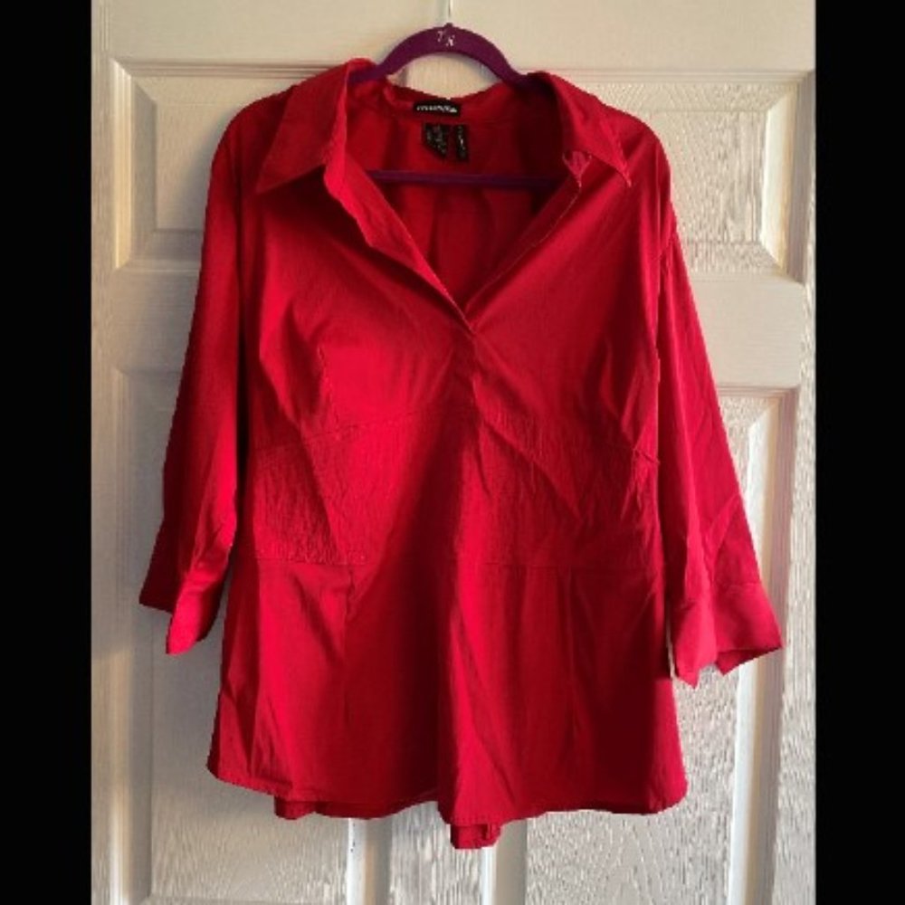 Red Stretchy Collared V-Neck Blouse - 3X